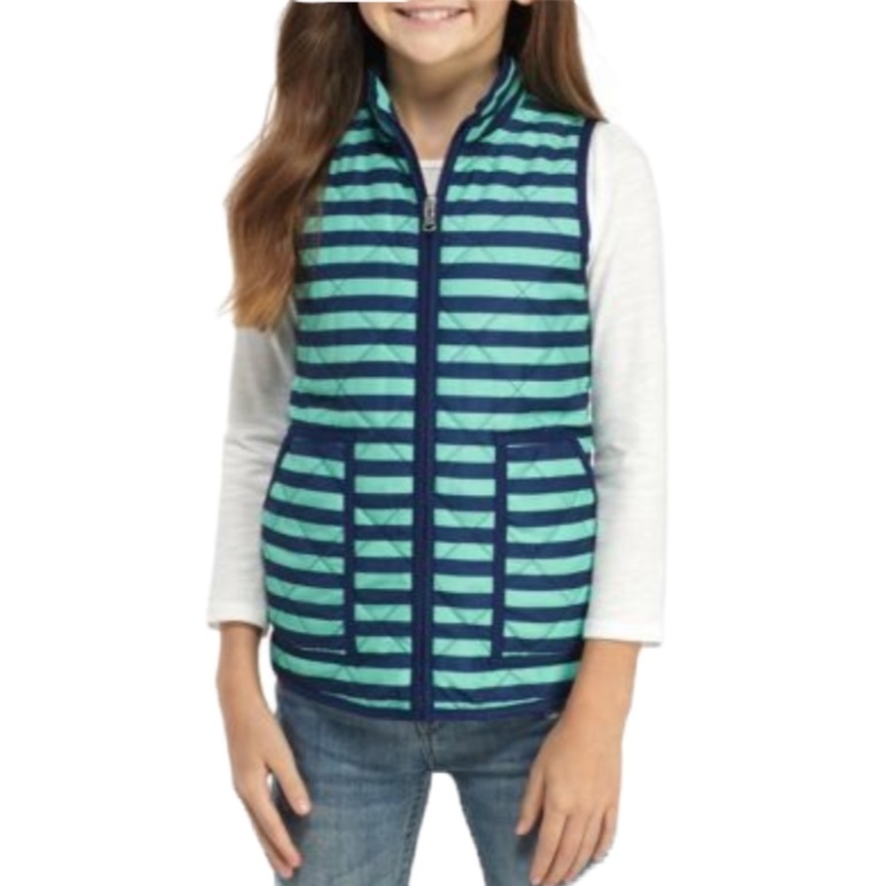 J. Khaki Mint and Navy Striped Quilted Full Zip Puffer Vest‎ Two Pockets Girls M